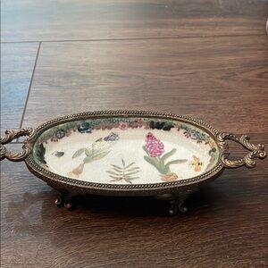 Ornate Oval Ceramic Dish with Floral Motif